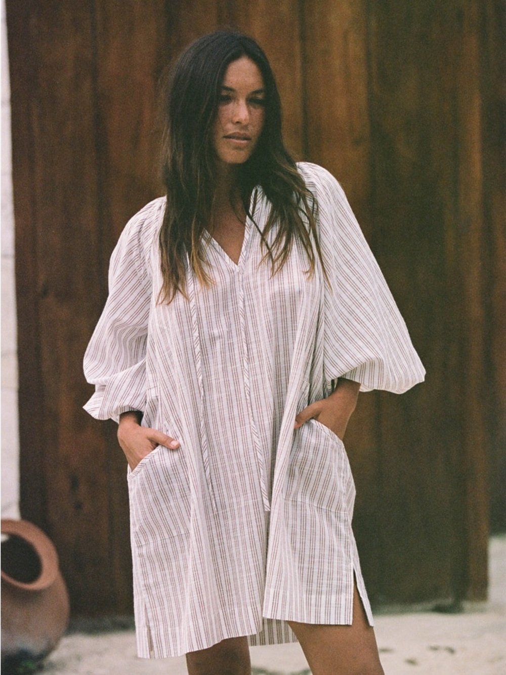 Daughters of‎ India Poet Mini Dress in Vanilla with Rust Stripes Small